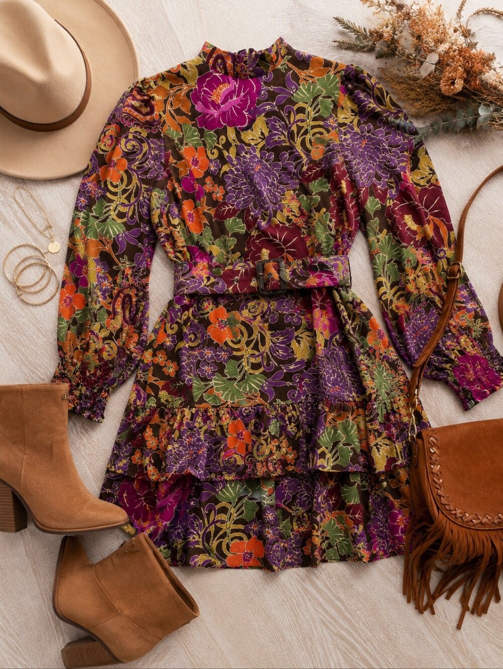 Fate Floral Boho Mini Dress Belted Tiered Long Sleeve Fall Small - Picture 8 of 8